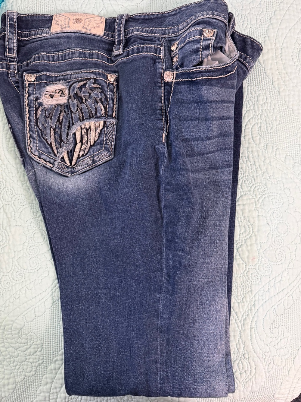 Miss Me Dark Blue Skinny Jeans with Embroidered Wing Pocket